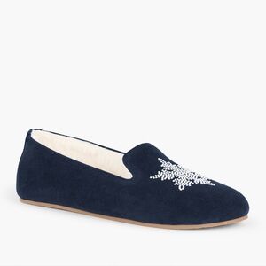TALBOTS FIRESIDE SUEDE SLIPPERS PEARL SNOWFLAKE IN NAVY